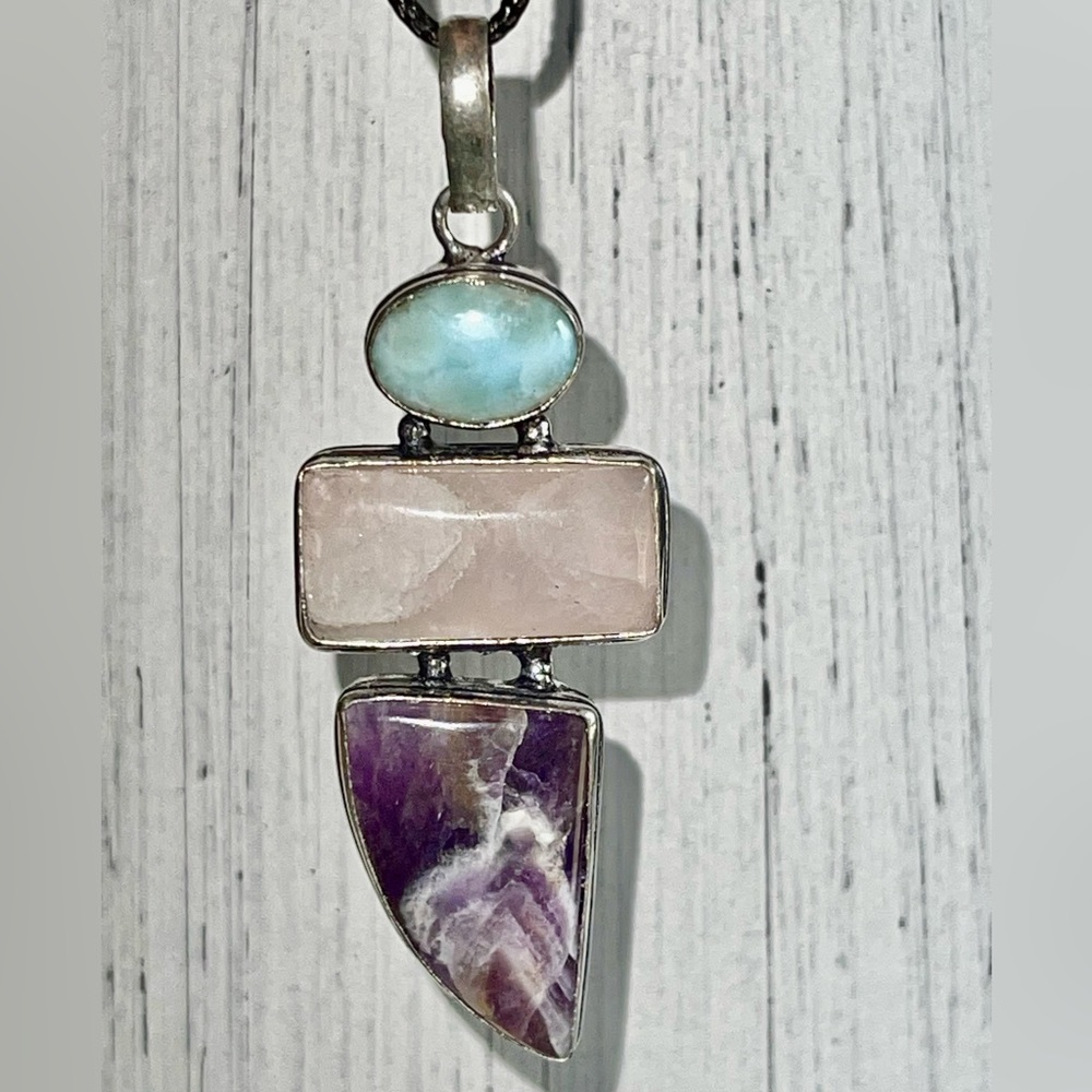 Rose Quartz, Amethyst & Larimar Crystal Pendant 3” - Picture 4 of 7